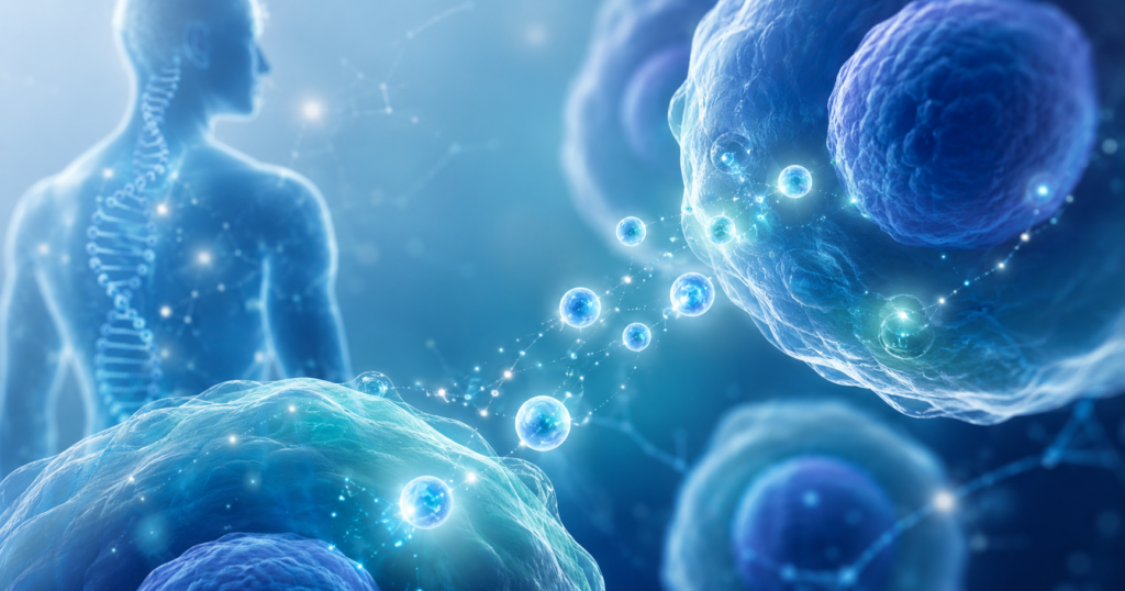 Ilustración de factor de transferencia mostrando moléculas mensajeras del sistema inmunológico conectando células humanas